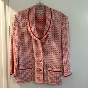 St John knit jacket. Coral Pink and White with gold accents. Size 14.